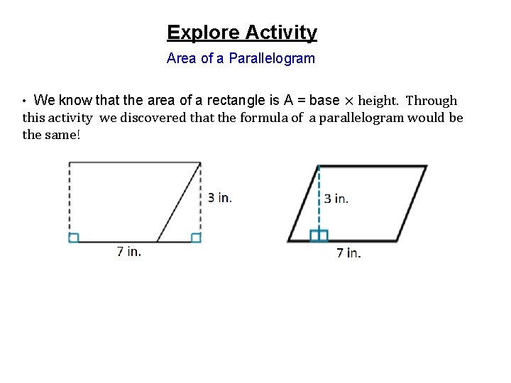 Explore Activity Area of a Parallelogram • We know that the area of a