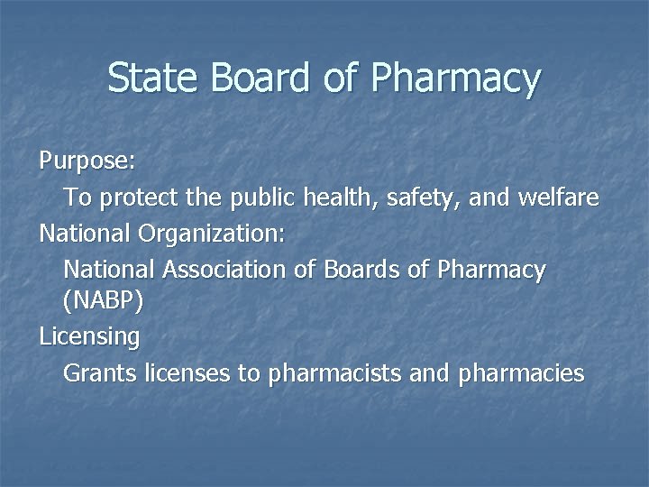 State Board of Pharmacy Purpose: To protect the public health, safety, and welfare National