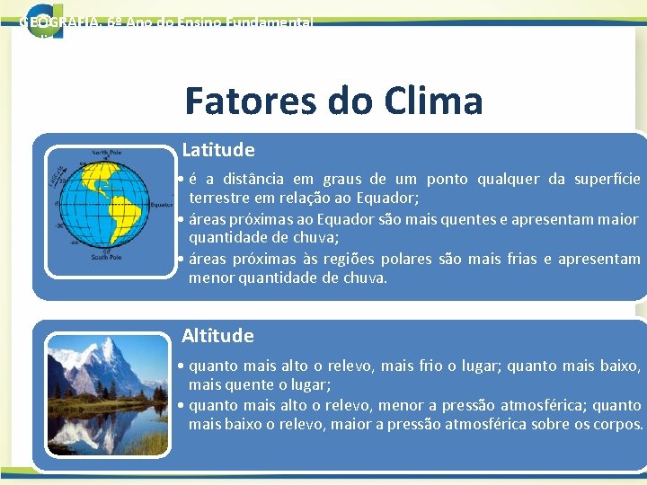 GEOGRAFIA, 6º Ano do Ensino Fundamental O clima no cotidiano das pessoas Fatores do