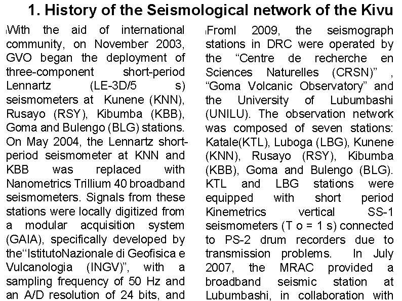1. History of the Seismological network of the Kivu With the aid of international