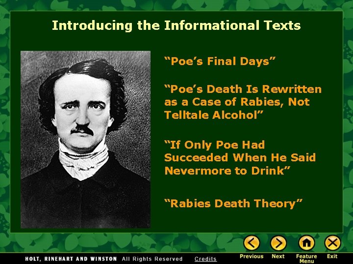 Introducing the Informational Texts “Poe’s Final Days” “Poe’s Death Is Rewritten as a Case