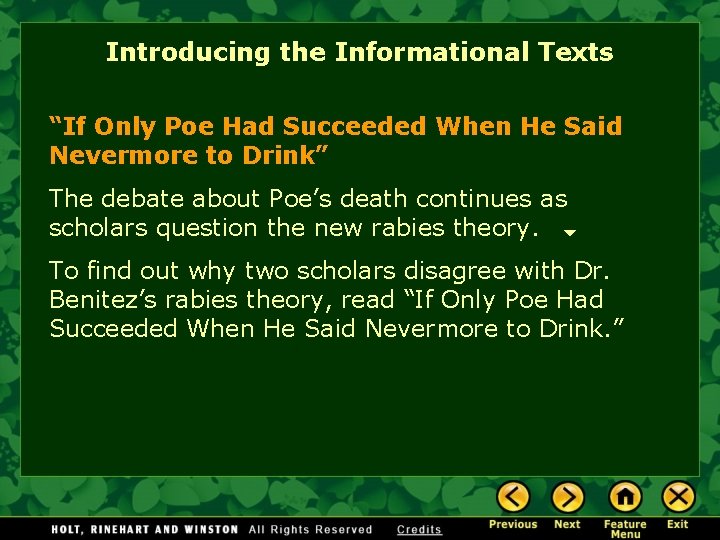 Introducing the Informational Texts “If Only Poe Had Succeeded When He Said Nevermore to