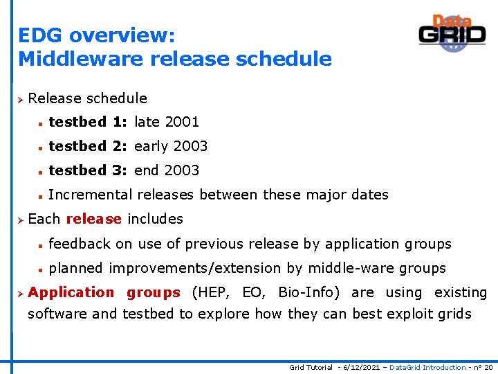 EDG overview: Middleware release schedule Ø Ø Ø Release schedule n testbed 1: late