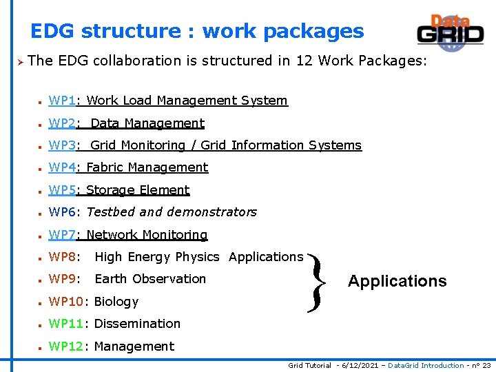 EDG structure : work packages Ø The EDG collaboration is structured in 12 Work