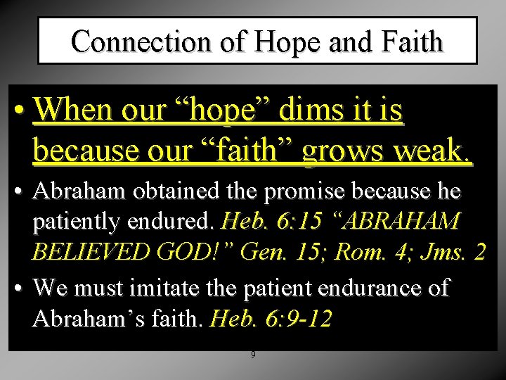 Connection of Hope and Faith • When our “hope” dims it is because our