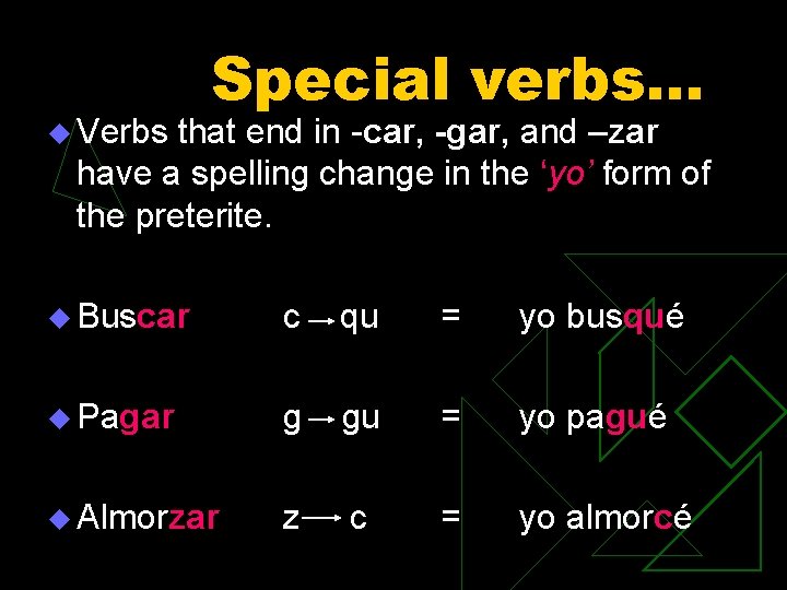 u Verbs Special verbs… that end in -car, -gar, and –zar have a spelling