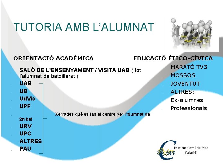 TUTORIA AMB L’ALUMNAT ORIENTACIÓ ACADÈMICA � � � EDUCACIÓ ÈTICO-CÍVICA SALÓ DE L’ENSENYAMENT /