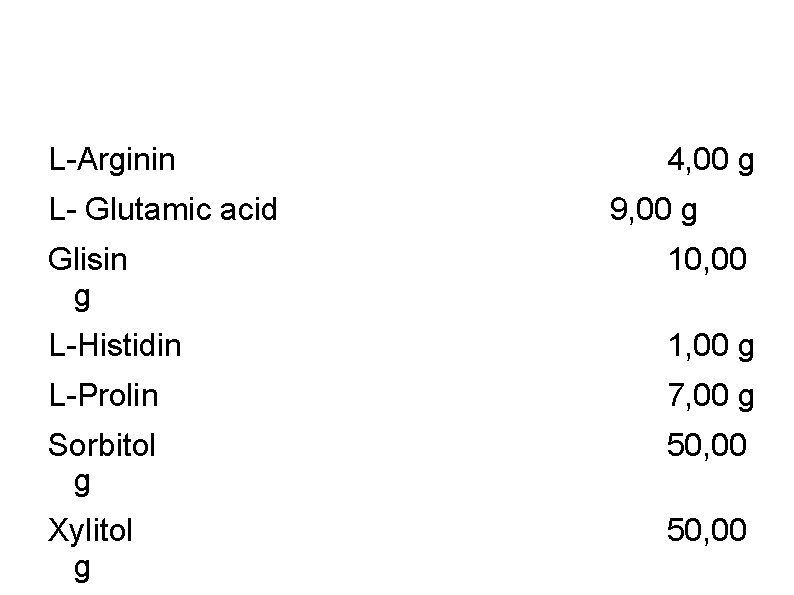 L-Arginin L- Glutamic acid 4, 00 g 9, 00 g Glisin g 10, 00 L-Arginin L- Glutamic acid 4, 00 g 9, 00 g Glisin g 10, 00