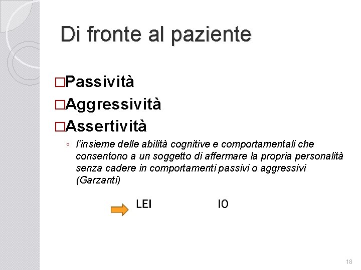 Di fronte al paziente �Passività �Aggressività �Assertività ◦ l’insieme delle abilità cognitive e comportamentali