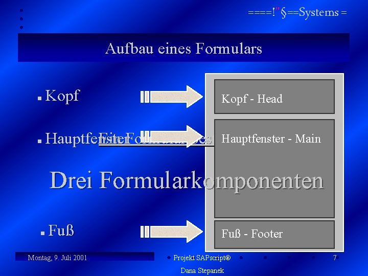 ====!"§==Systems = Aufbau eines Formulars n Kopf n Hauptfenster Ein Formular besteht aus: -