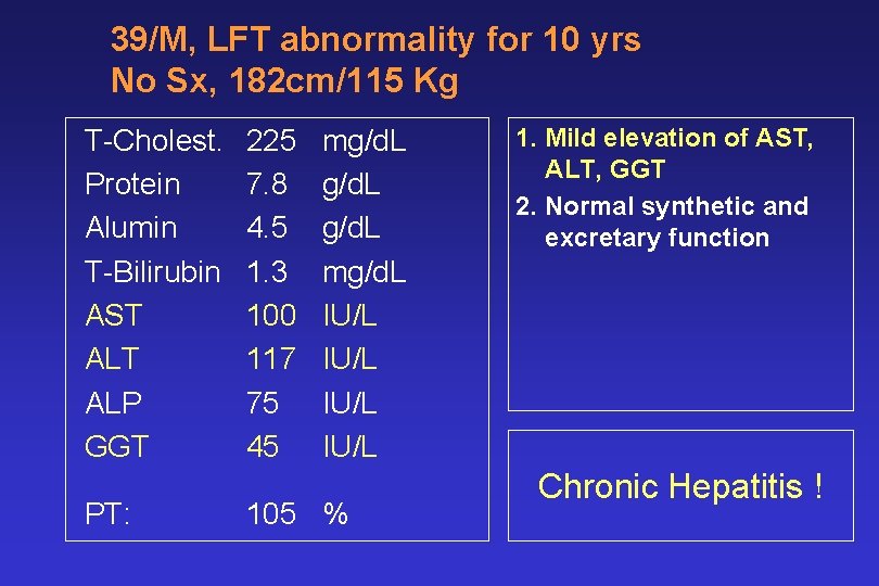 39/M, LFT abnormality for 10 yrs No Sx, 182 cm/115 Kg T-Cholest. Protein Alumin