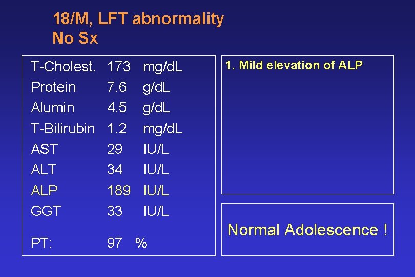 18/M, LFT abnormality No Sx T-Cholest. Protein Alumin T-Bilirubin AST ALP GGT PT: 173