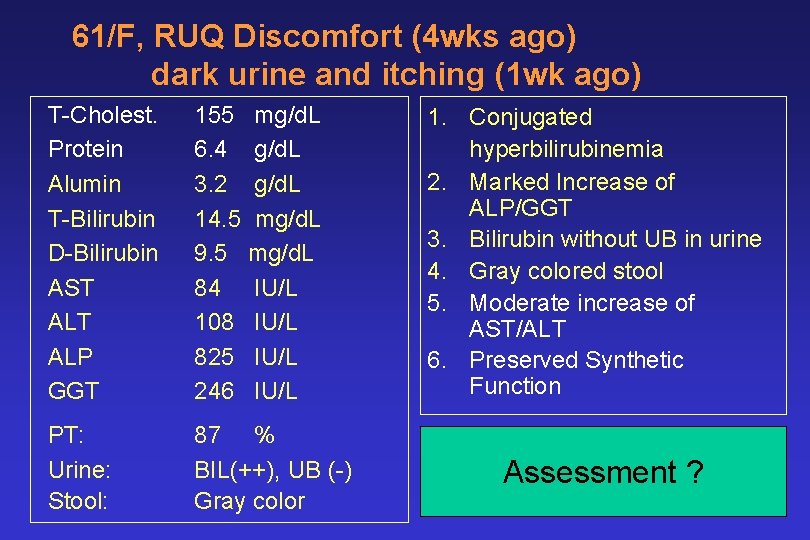 61/F, RUQ Discomfort (4 wks ago) dark urine and itching (1 wk ago) T-Cholest.