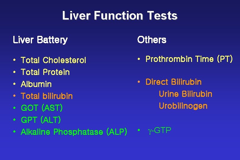 Liver Function Tests Liver Battery Others • • Prothrombin Time (PT) Total Cholesterol Total