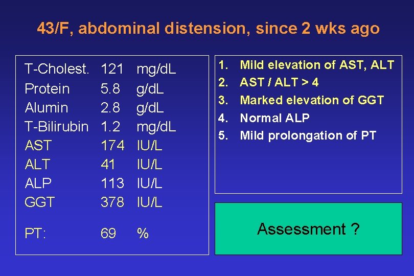 43/F, abdominal distension, since 2 wks ago T-Cholest. Protein Alumin T-Bilirubin AST ALP GGT