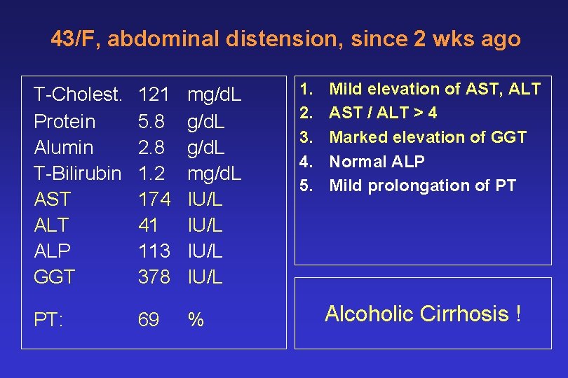 43/F, abdominal distension, since 2 wks ago T-Cholest. Protein Alumin T-Bilirubin AST ALP GGT