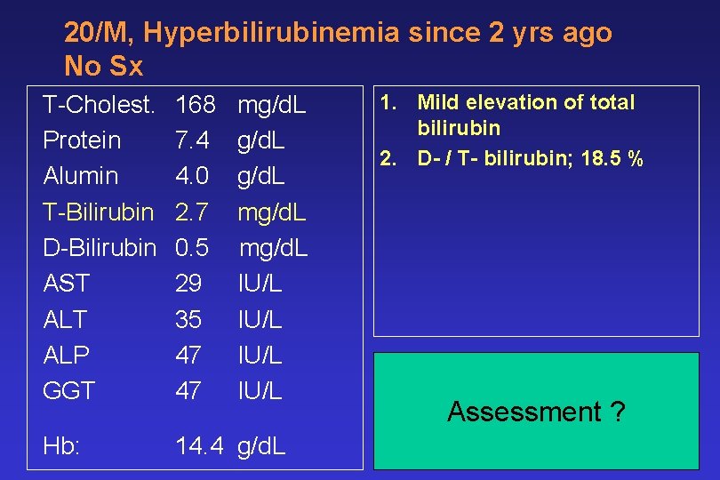 20/M, Hyperbilirubinemia since 2 yrs ago No Sx T-Cholest. Protein Alumin T-Bilirubin D-Bilirubin AST