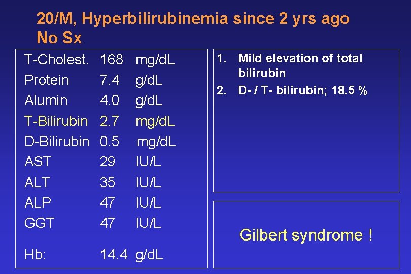 20/M, Hyperbilirubinemia since 2 yrs ago No Sx T-Cholest. Protein Alumin T-Bilirubin D-Bilirubin AST