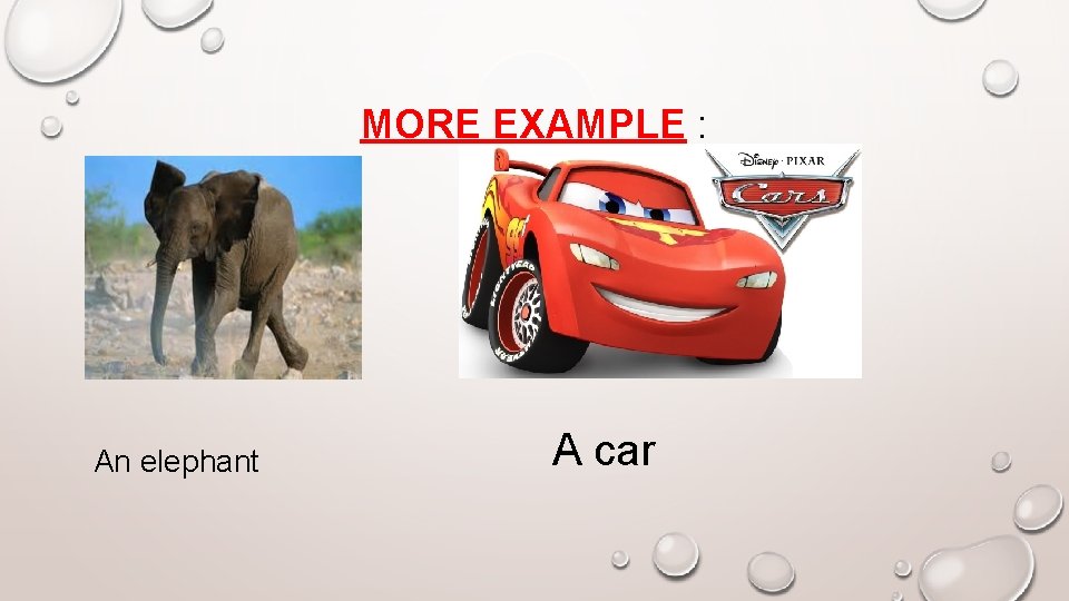 MORE EXAMPLE : An elephant A car 