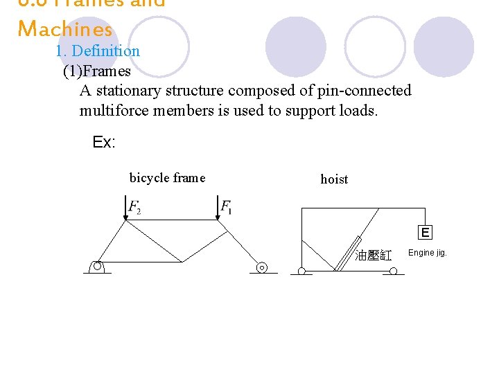 6. 6 Frames and Machines 1. Definition (1)Frames A stationary structure composed of pin-connected