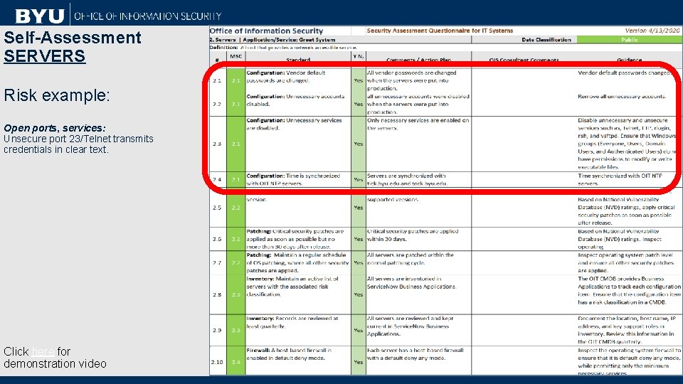 Self-Assessment SERVERS Risk example: Open ports, services: Unsecure port 23/Telnet transmits credentials in clear