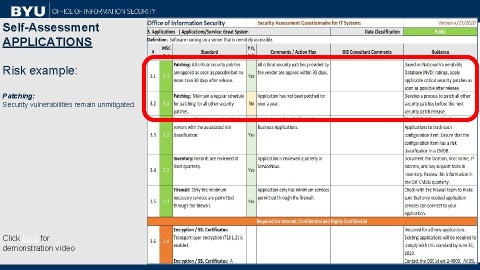 Self-Assessment APPLICATIONS Risk example: Patching: Security vulnerabilities remain unmitigated. Click here for demonstration video