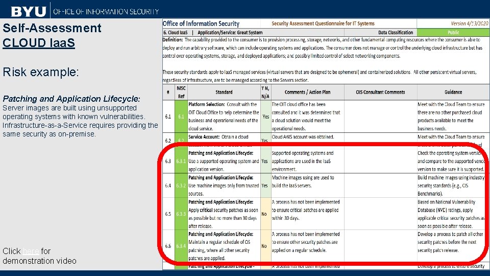 Self-Assessment CLOUD Iaa. S Risk example: Patching and Application Lifecycle: Server images are built