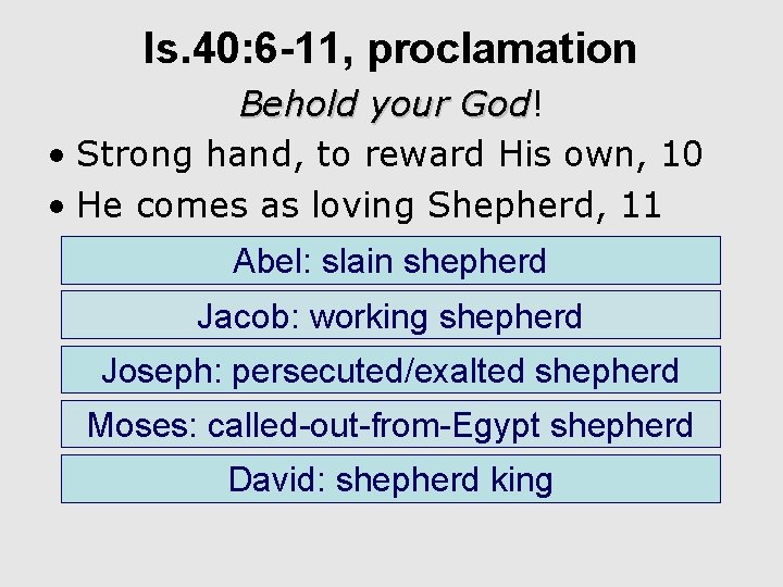 Is. 40: 6 -11, proclamation Behold your God! God • Strong hand, to reward