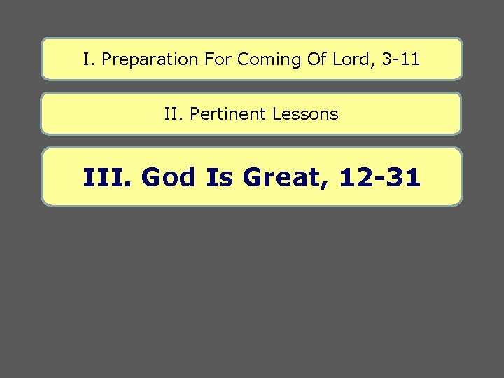 I. Preparation For Coming Of Lord, 3 -11 II. Pertinent Lessons III. God Is