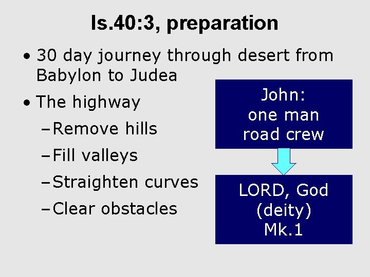 Is. 40: 3, preparation • 30 day journey through desert from Babylon to Judea