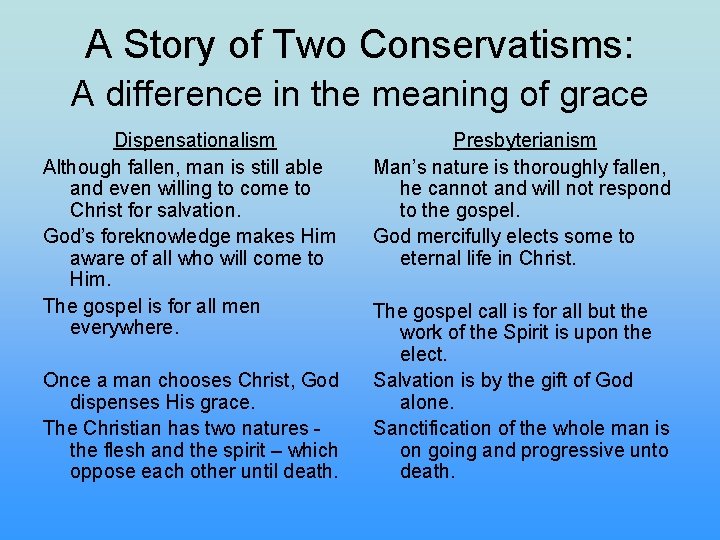 A Story of Two Conservatisms: A difference in the meaning of grace Dispensationalism Although