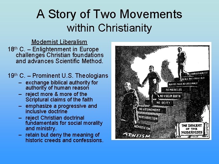 A Story of Two Movements within Christianity Modernist Liberalism 18 th C. – Enlightenment