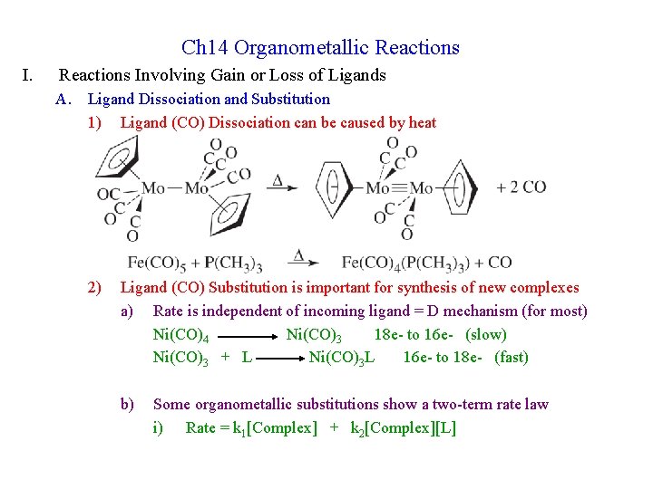 Ch 14 Organometallic Reactions Involving Gain or Loss of Ligands A. Ligand Dissociation and
