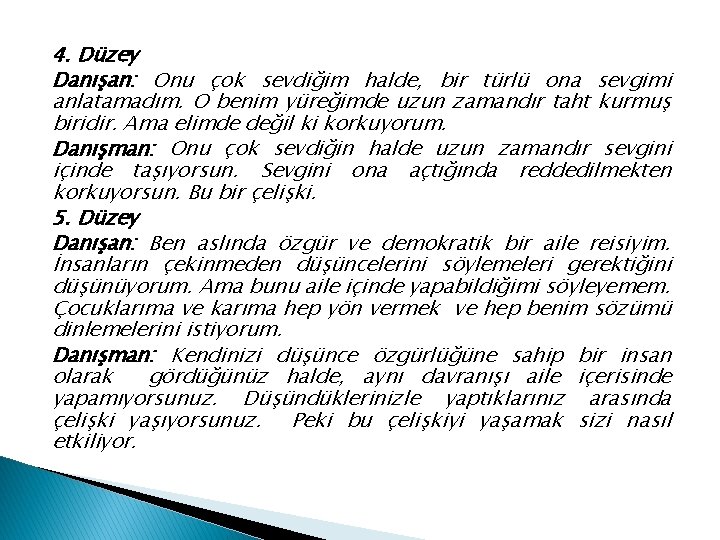 4. Düzey Danışan: Onu çok sevdiğim halde, bir türlü ona sevgimi anlatamadım. O benim