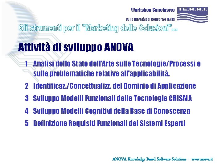 Workshop Conclusivo sulle Attività del Consorzio TERRI Attività di sviluppo ANOVA 1 Analisi dello