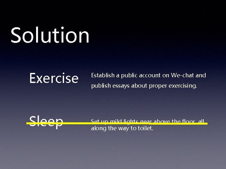 Solution Exercise Sleep Establish a public account on We-chat and publish essays about proper