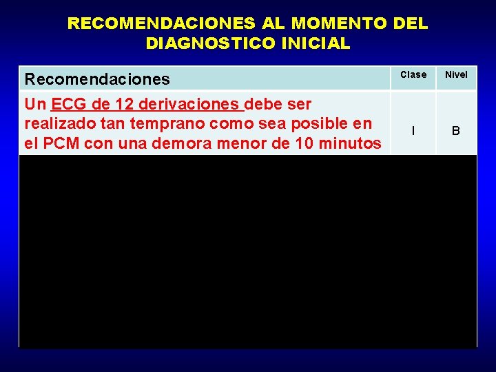 RECOMENDACIONES AL MOMENTO DEL DIAGNOSTICO INICIAL Recomendaciones Un ECG de 12 derivaciones debe ser