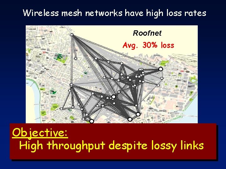 Wireless mesh networks have high loss rates Roofnet Avg. 30% loss Objective: High throughput