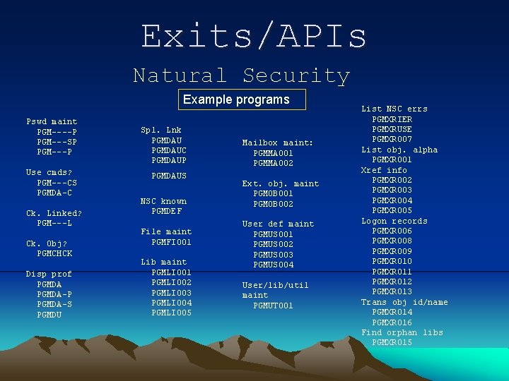 Exits/APIs Natural Security Example programs Pswd maint PGM----P PGM---SP PGM---P Use cmds? PGM---CS PGMDA-C