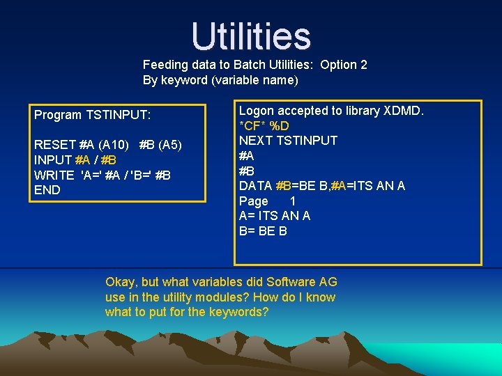 Utilities Feeding data to Batch Utilities: Option 2 By keyword (variable name) Program TSTINPUT: