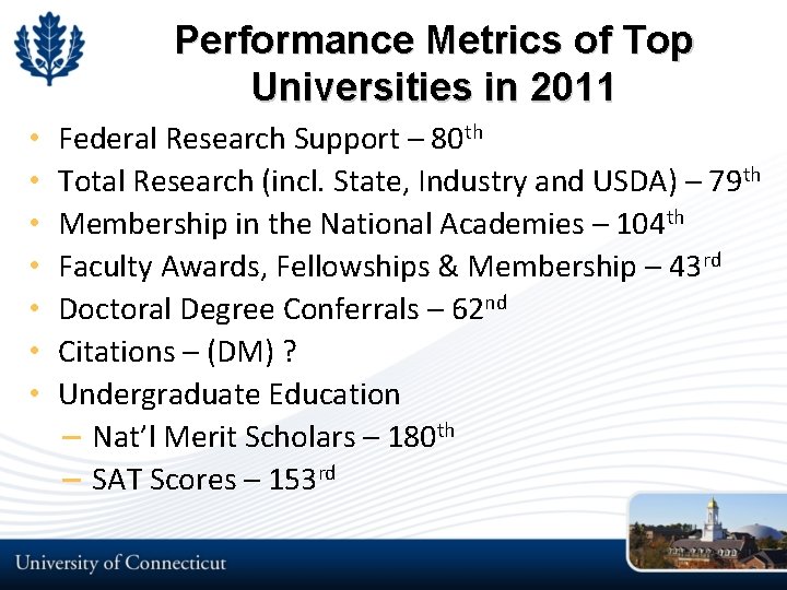 Performance Metrics of Top Universities in 2011 • • Federal Research Support – 80 Performance Metrics of Top Universities in 2011 • • Federal Research Support – 80