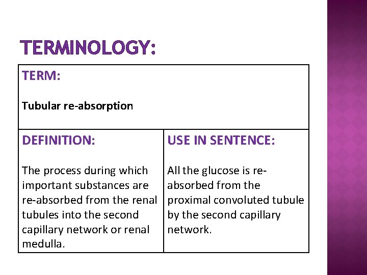 TERMINOLOGY: TERM: Tubular re-absorption DEFINITION: USE IN SENTENCE: The process during which important substances