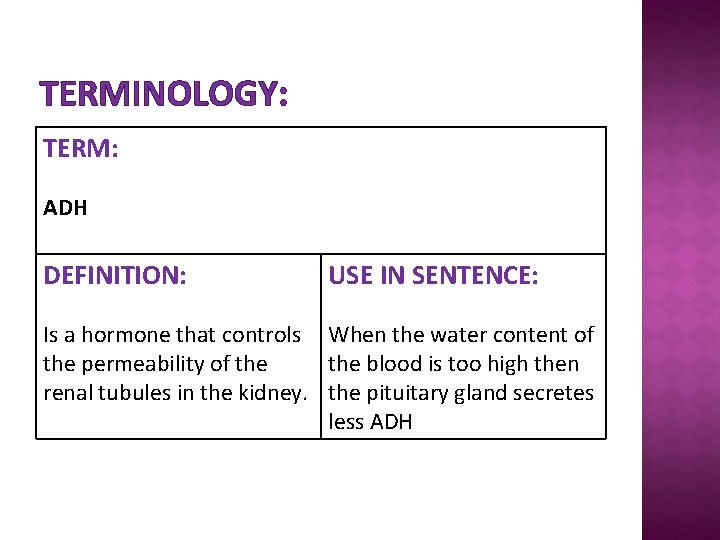 TERMINOLOGY: TERM: ADH DEFINITION: USE IN SENTENCE: Is a hormone that controls When the