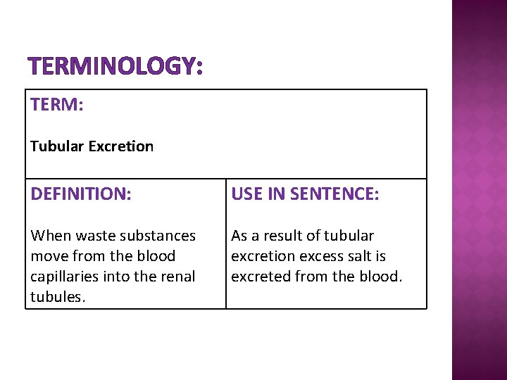 TERMINOLOGY: TERM: Tubular Excretion DEFINITION: USE IN SENTENCE: When waste substances move from the
