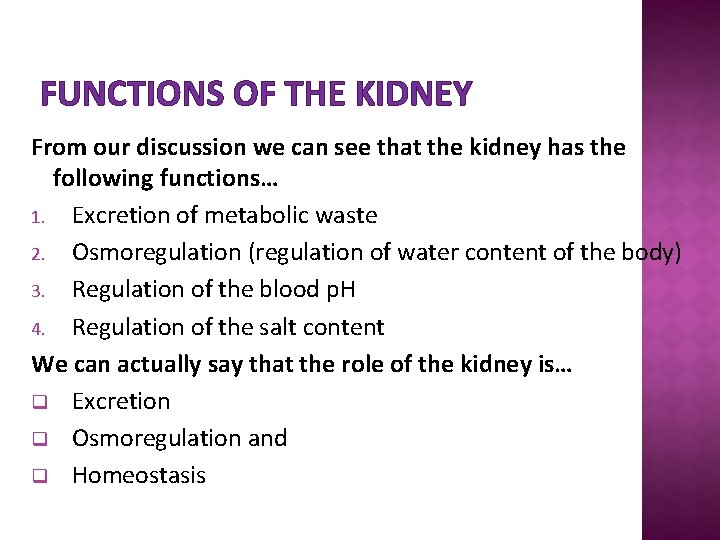 FUNCTIONS OF THE KIDNEY From our discussion we can see that the kidney has