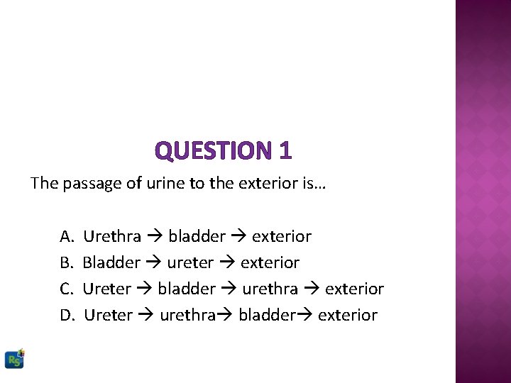 QUESTION 1 The passage of urine to the exterior is… A. B. C. D.