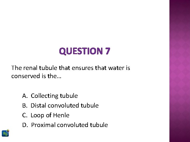 QUESTION 7 The renal tubule that ensures that water is conserved is the… A.