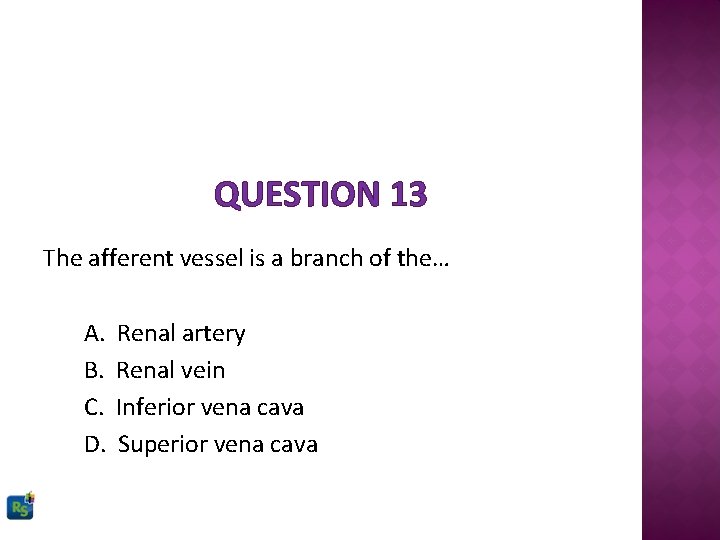 QUESTION 13 The afferent vessel is a branch of the… A. B. C. D.