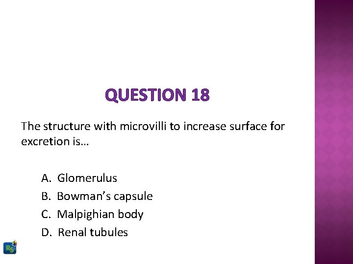 QUESTION 18 The structure with microvilli to increase surface for excretion is… A. B.