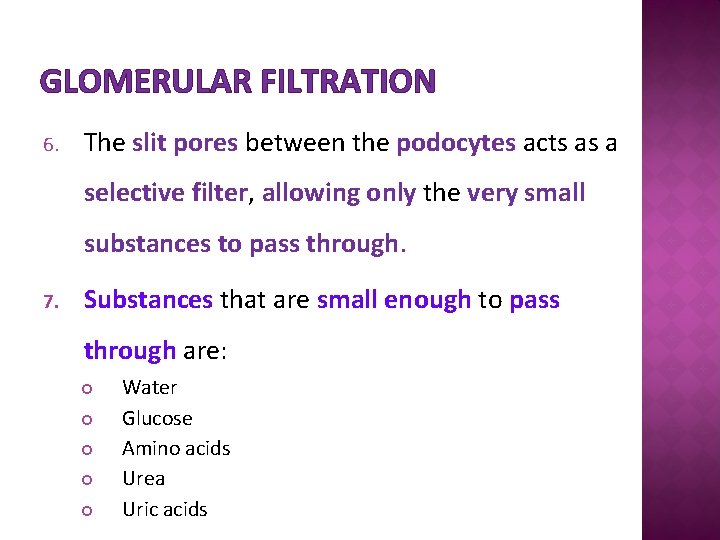 GLOMERULAR FILTRATION 6. The slit pores between the podocytes acts as a selective filter,